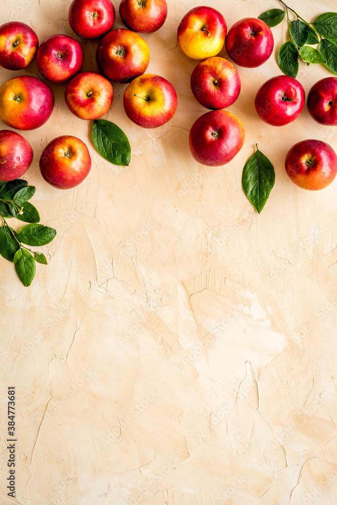 Layout of fresh red apples. Top view, copy space