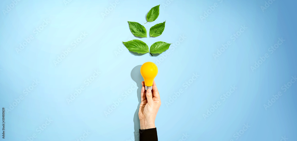 Person holding a light bulbs with green leaves