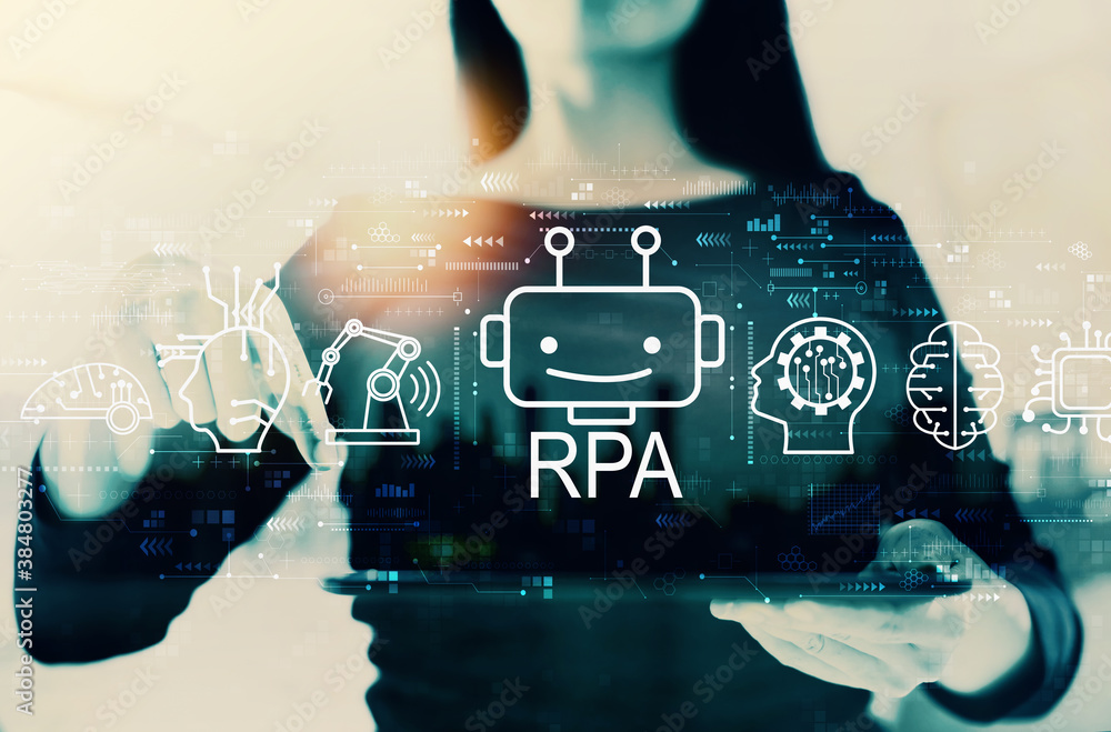 Robotic Process Automation RPA theme with businesswoman on a city background