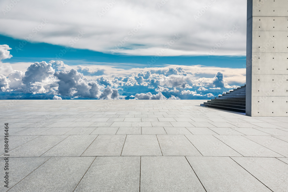 Empty square floor and mountain with sky clouds landscape.