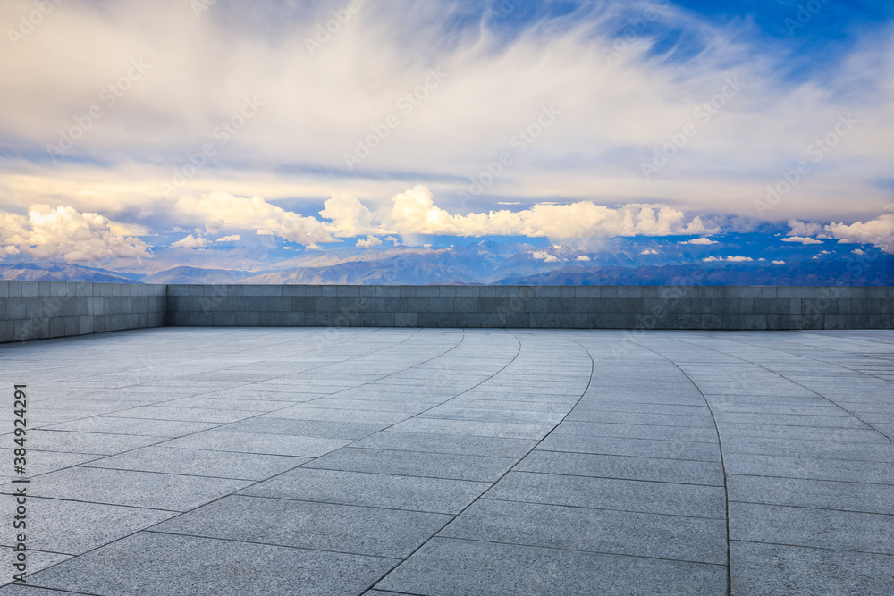 Empty square floor and mountain with sky clouds landscape.