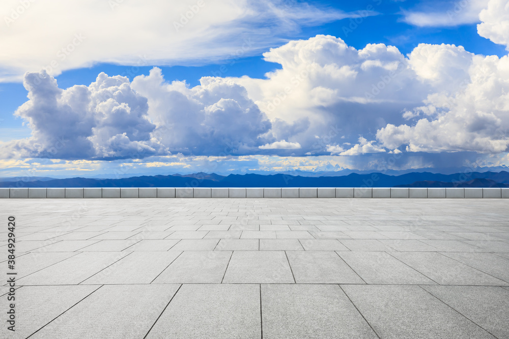 Empty square floor and mountain with sky clouds landscape.