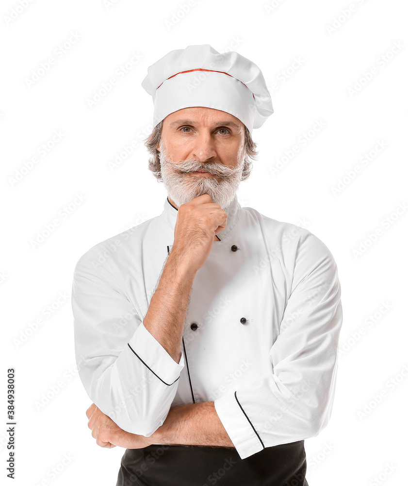 Mature male chef on white background