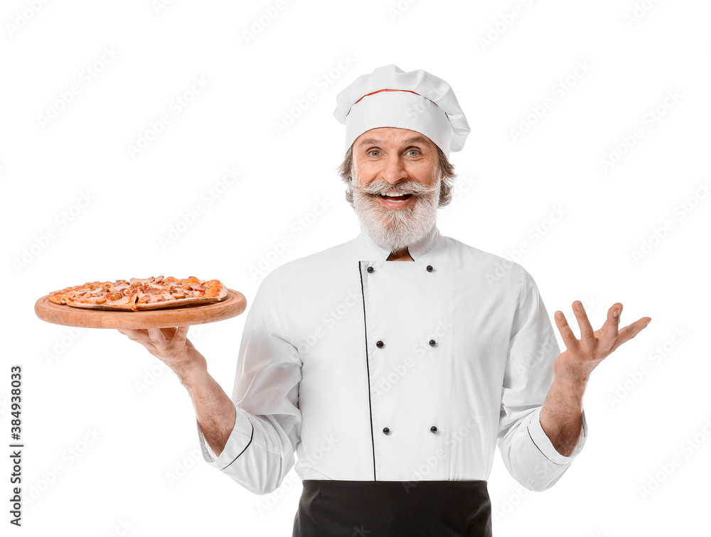 Mature male chef with tasty pizza on white background