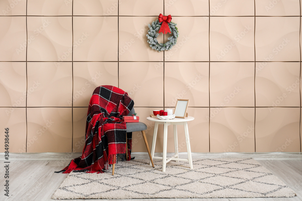 Interior of modern room decorated for Christmas