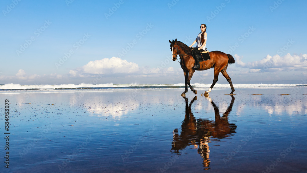 Young beautiful woman ride on sand beach. Horse with rider run along sea surf by water pool. Horseba