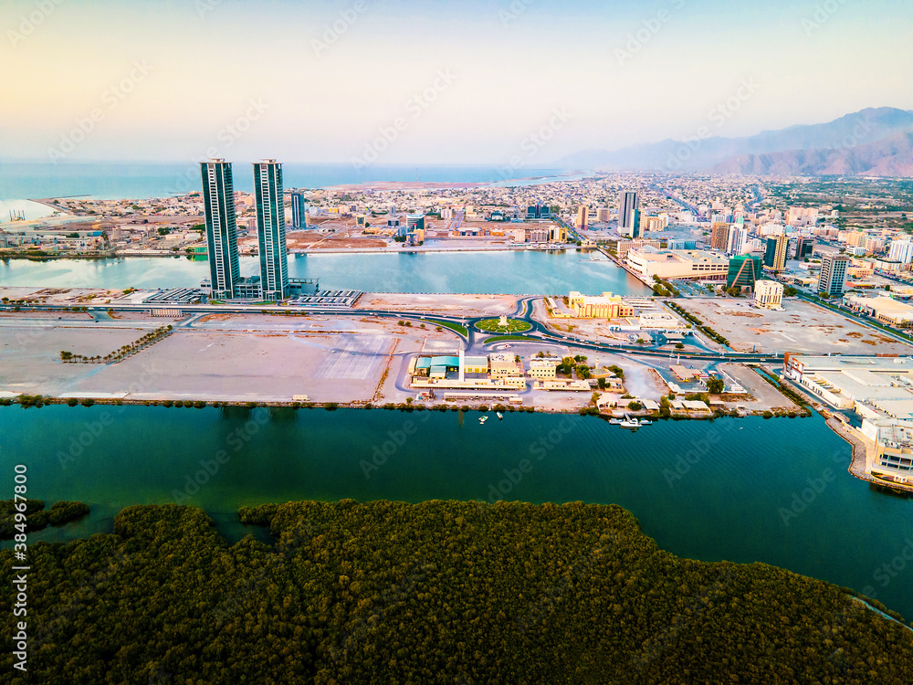 Ras al Khaimah emirate in the UAE aerial sunset view