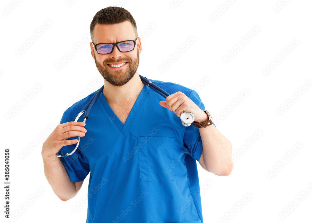 friendly doctor nurse in a blue uniform smiles in isolation against a white background.