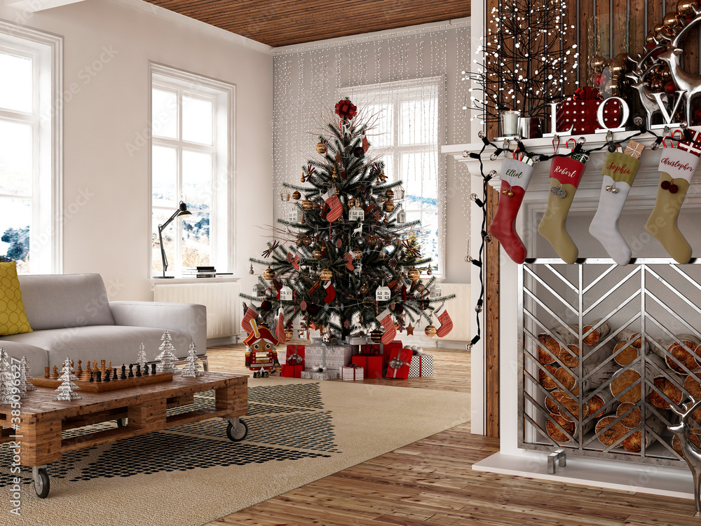 New year tree in scandinavian style interior with christmas decoration and fireplace	