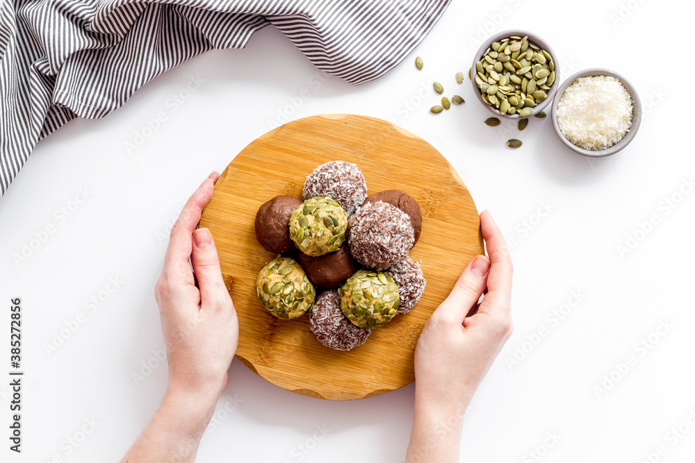 Energy protein balls with ingredients, top view