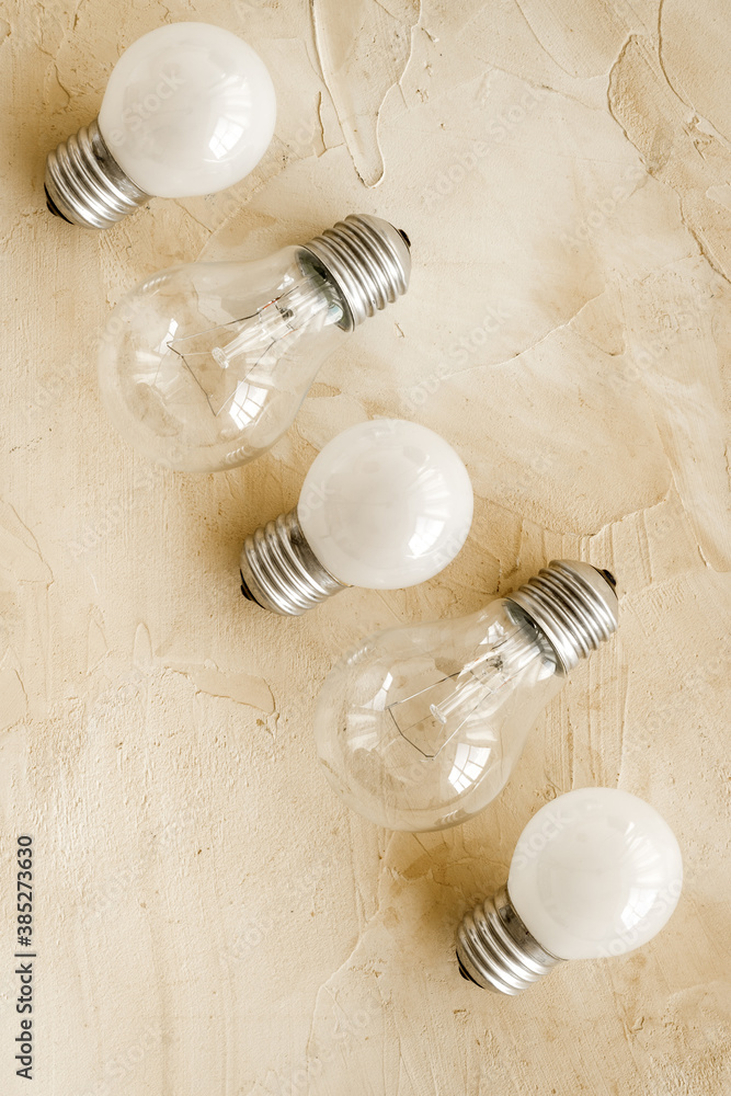 A lot of light bulbs top view. Renewable eco energy concept