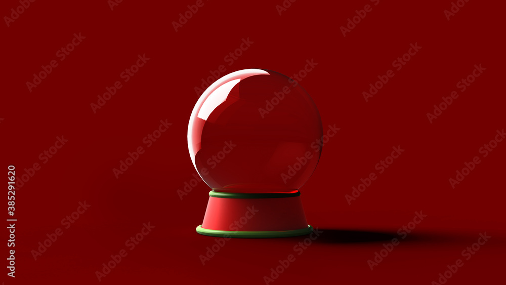 Empty Crystal Ball / snow globe isolated on red background. For the Christmas season. 3D illustratio