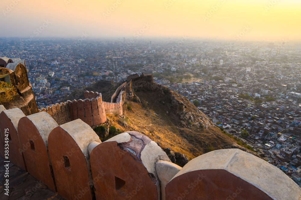 View of Jaipur city from Nahargarh Fort in Jaipur, Rajasthan, India.