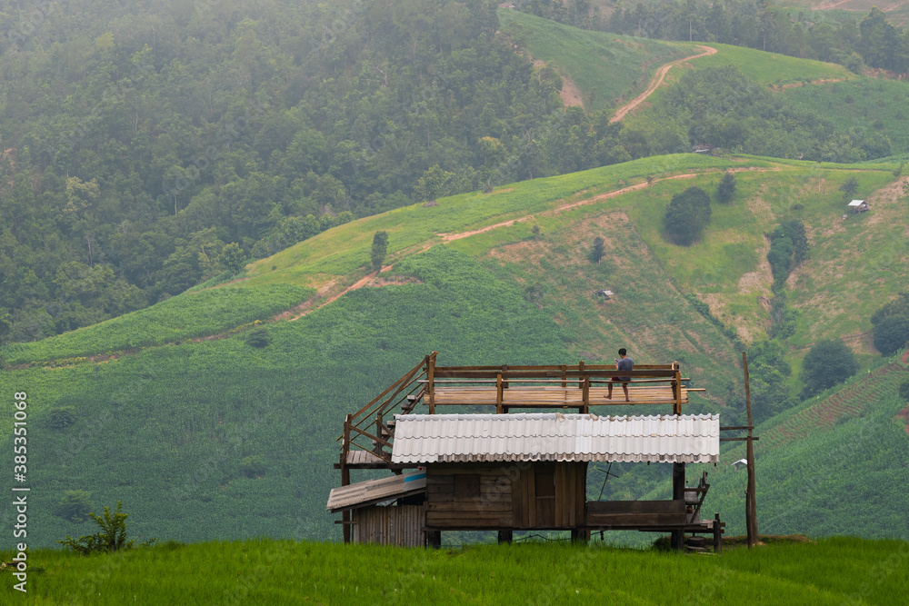 View of green hill and wooden house in ricefield in Chiang Mai Thailand