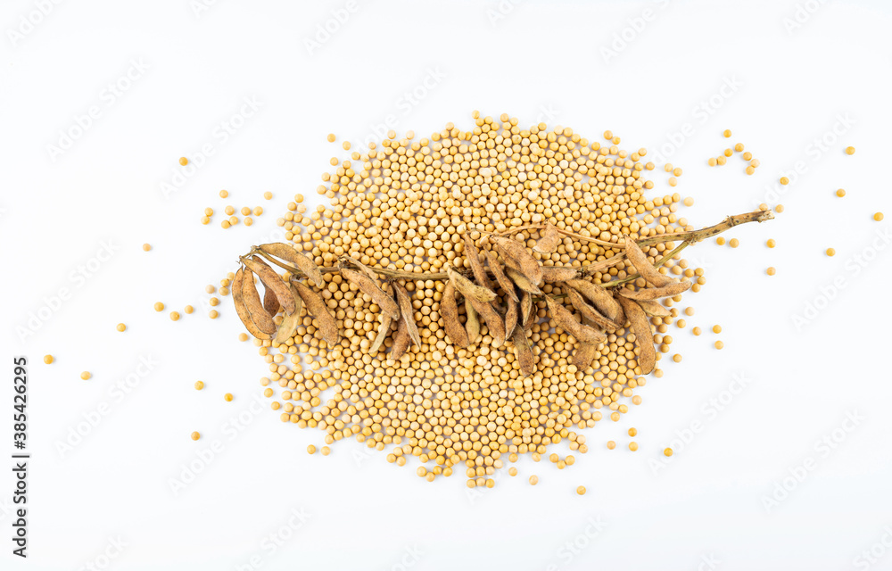 Soy beans and edamame pods on white background