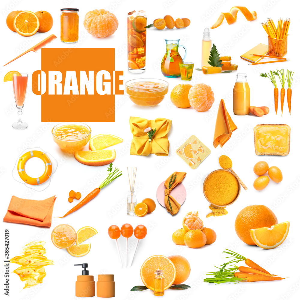 Collage with different orange items on white background