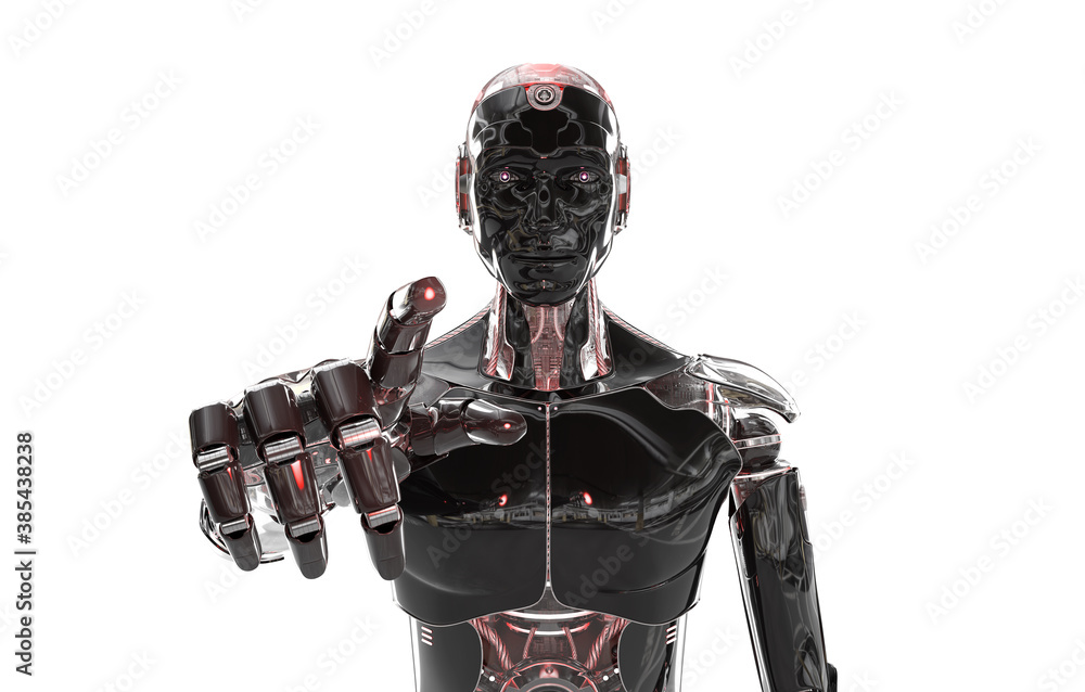 Black and red intelligent robot cyborg pointing finger on white 3D rendering