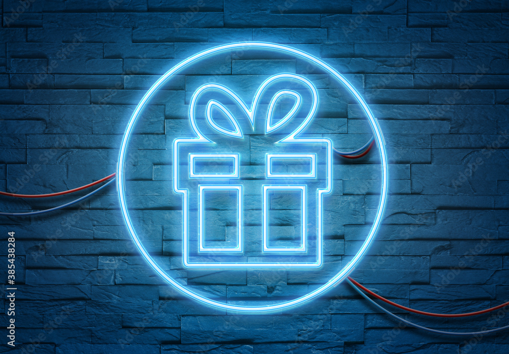 Gift neon icon illuminating a brick wall with blue glowing light 3D rendering