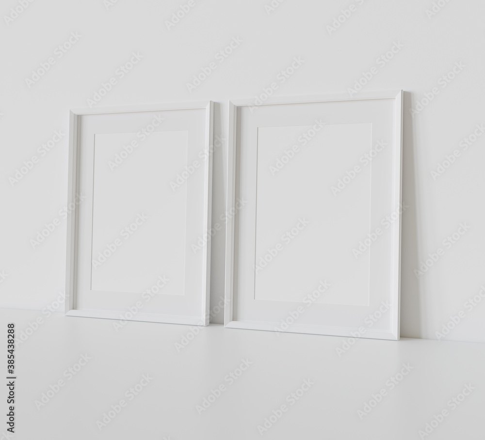 Two white frames leaning on white floor in interior mockup. Template of pictures framed on a wall 3D