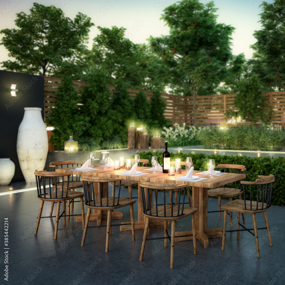 Ready for Dinner: Garden Restaurant (focus) - 3d visualization