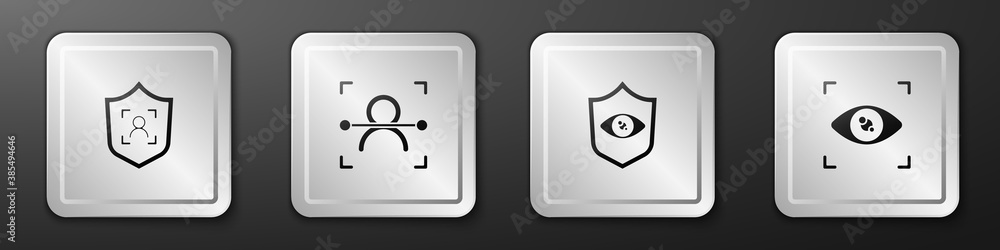 Set Shield face recognition, Face, eye scan and Eye icon. Silver square button. Vector.