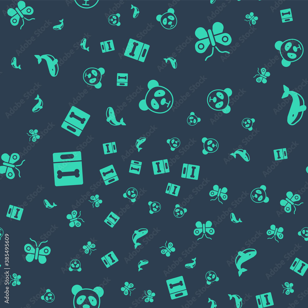 Set Cute panda face, Butterfly, Dog bone and Whale on seamless pattern. Vector.