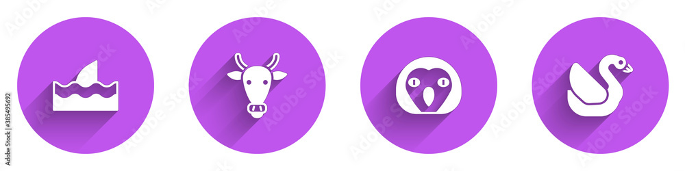 Set Shark fin in ocean wave, Cow head, Owl bird and Swan icon with long shadow. Vector.