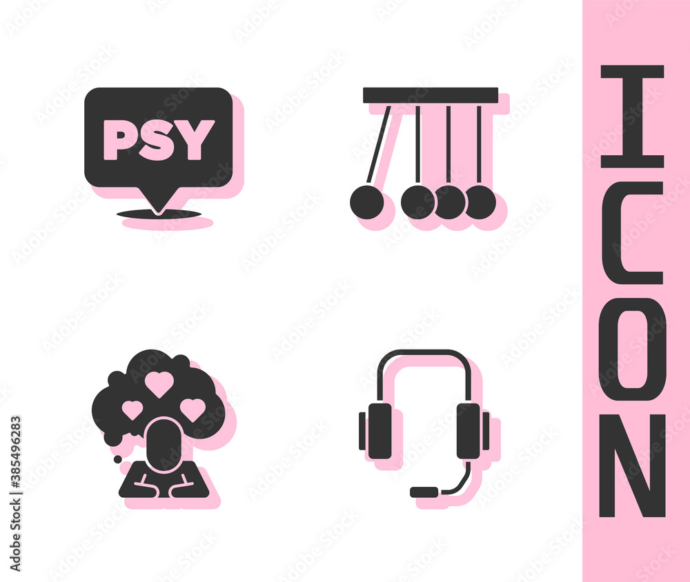 Set Psychologist online, Psychology, Psi, Broken heart or divorce and Pendulum icon. Vector.