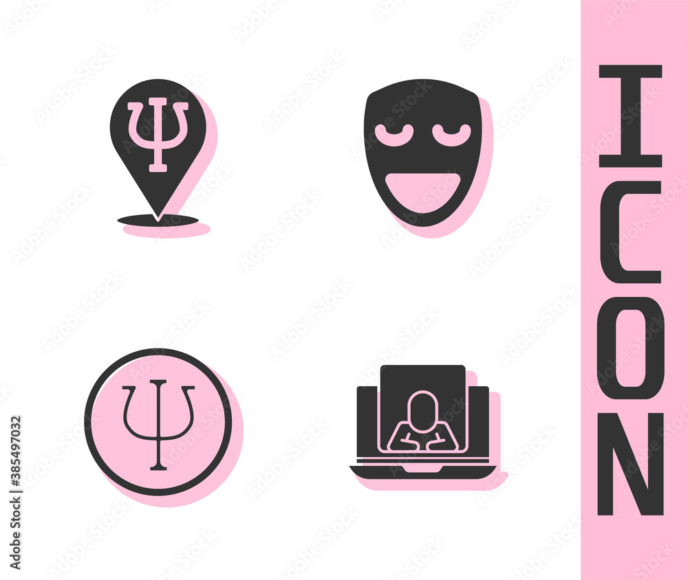 Set Psychologist online, Psychology, Psi, and Comedy theatrical mask icon. Vector.