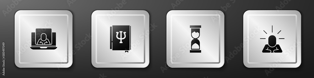 Set Psychologist online, Psychology book, Psi, Old hourglass and Depression icon. Silver square butt