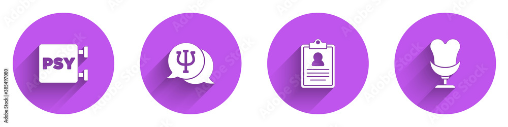 Set Psychology, Psi, , Medical clipboard and Armchair icon with long shadow. Vector.