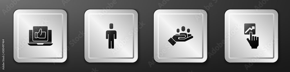 Set Hand like, Head hunting, for search people and Team leader icon. Silver square button. Vector.