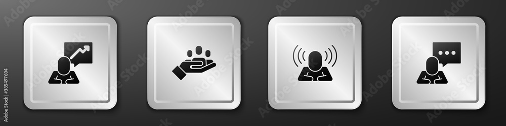 Set Team leader, Hand for search people, Head hunting and Speech bubble chat icon. Silver square but