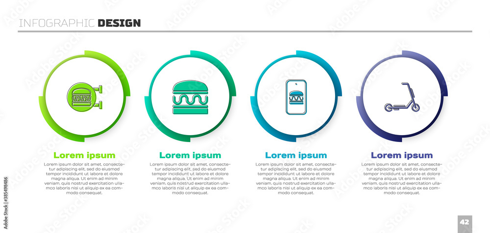 Set Online ordering burger delivery, Burger, and and Scooter. Business infographic template. Vector.