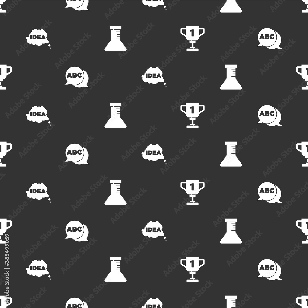 Set Award cup, Alphabet, Idea, speech bubble and Test tube and flask on seamless pattern. Vector.