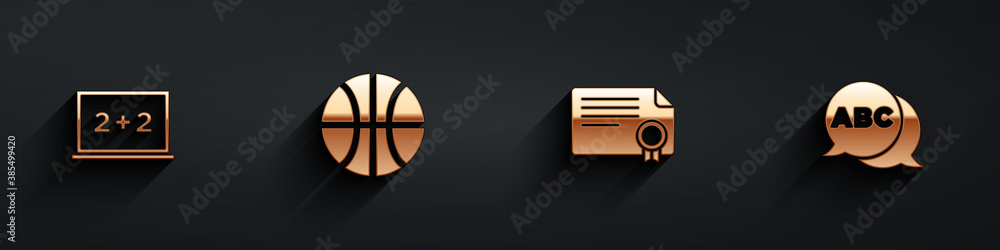 Set Chalkboard, Basketball ball, Certificate template and Alphabet icon with long shadow. Vector.