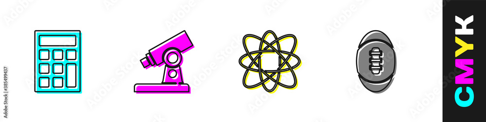 Set Calculator, Microscope, Atom and American Football ball icon. Vector.