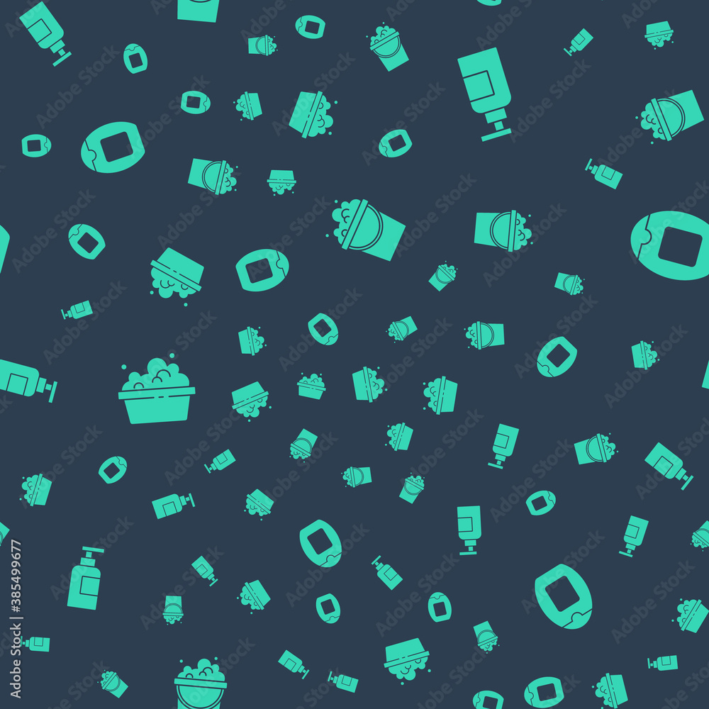 Set Bucket with soap suds, Bottle of shampoo, Basin and on seamless pattern. Vector.