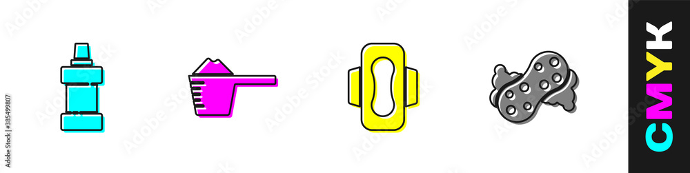 Set Bottle for cleaning agent, Washing powder, Sanitary napkin and Sponge icon. Vector.