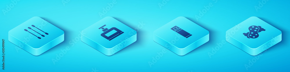 Set Isometric Cotton swab for ears, Bottle of shampoo, Sponge and Shaving gel foam icon. Vector.