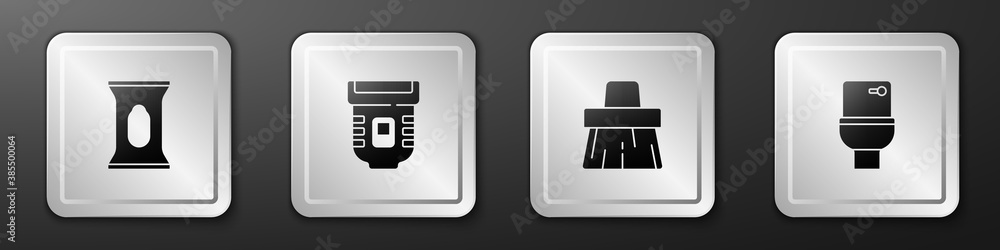 Set Wet wipe pack, Epilator, Handle broom and Toilet bowl icon. Silver square button. Vector.