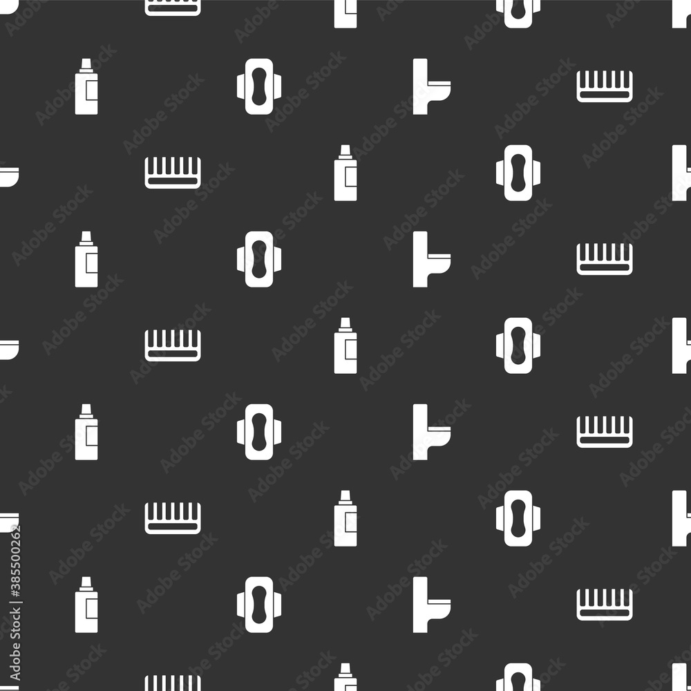 Set Toilet bowl, Hairbrush, Bottle for cleaning agent and Sanitary napkin on seamless pattern. Vecto