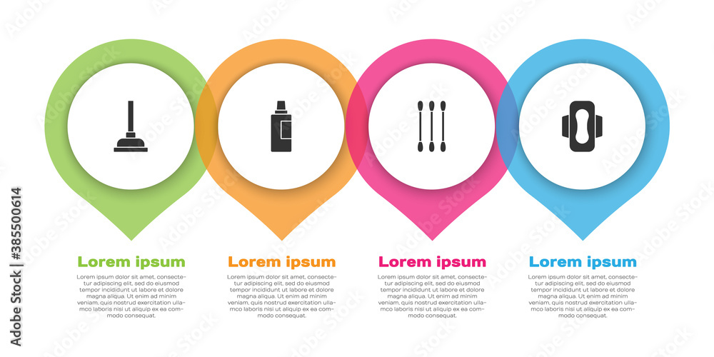 Set Rubber plunger, Bottle for cleaning agent, Cotton swab ears and Sanitary napkin. Business infogr