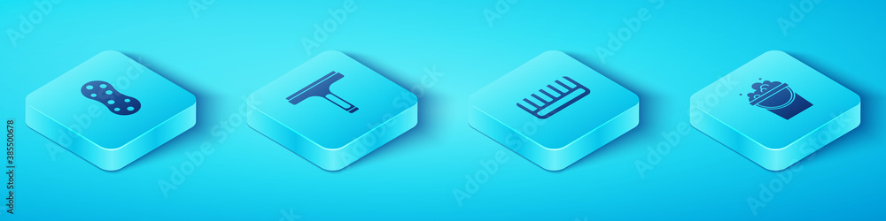 Set Isometric Sponge, Rubber cleaner, Bucket with soap suds and Hairbrush icon. Vector.