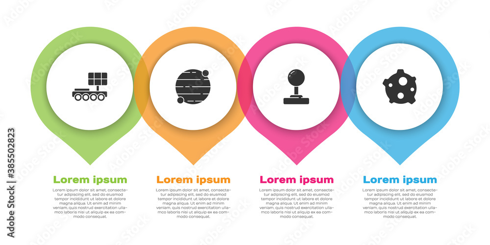 Set Mars rover, Planet, Joystick and Asteroid. Business infographic template. Vector.