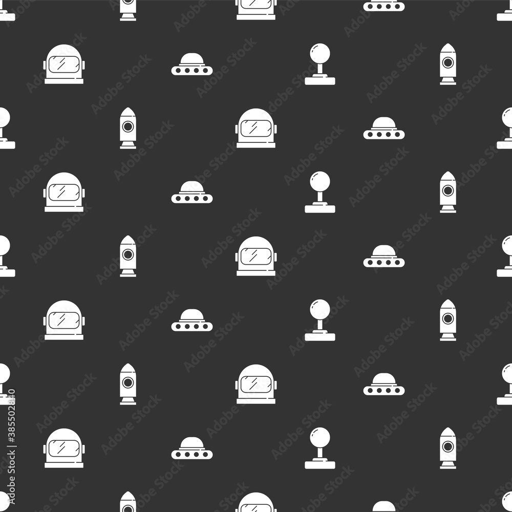 Set Joystick, Rocket ship, Astronaut helmet and UFO flying spaceship on seamless pattern. Vector.