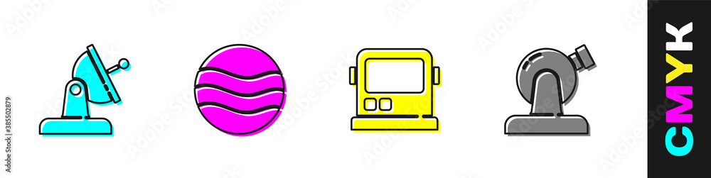 Set Satellite dish, Planet, Astronaut helmet and Astronomical observatory icon. Vector.