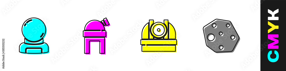 Set Astronaut helmet, Astronomical observatory, and Asteroid icon. Vector.