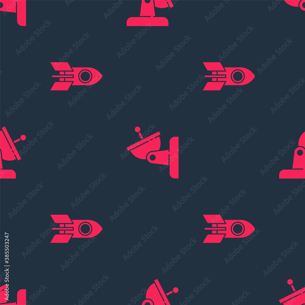 Set Rocket ship and Satellite dish on seamless pattern. Vector.