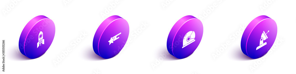 Set Isometric Rocket ship, Falling star, Astronaut helmet and Satellite dish icon. Vector.